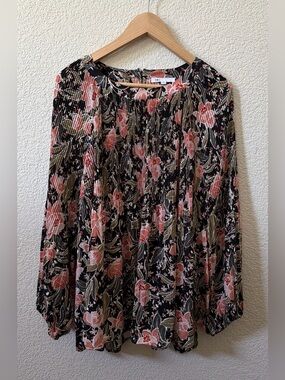DR2 Daniel Rainn Women’s 2X Pleated Floral Flowy Long Sleeve Blouse Top